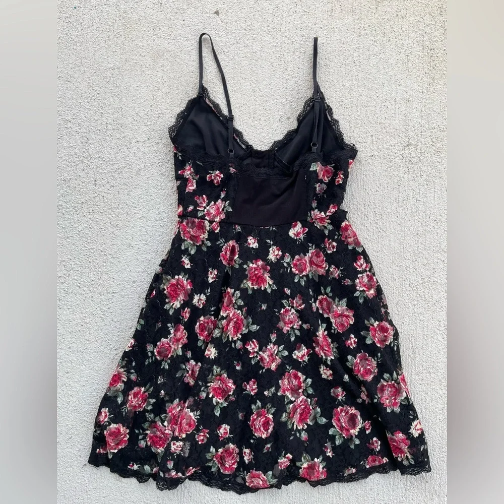 Vintage Y2K Betsey Johnson Floral Lace Slip Dress Black Pink Roses Corset Mini S - Picture 5 of 6